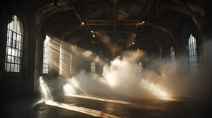 Dramatic abandoned factory interior with golden laser cutting thick metal sheets and smoke swirling in light beams, an abandoned industrial drama.