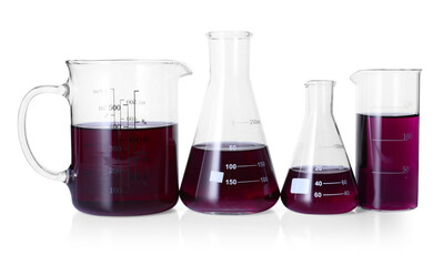 Different laboratory glassware with color liquid isolated on white