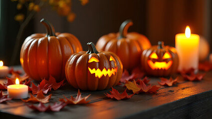 A festive autumn tableau showcases the spirit of Halloween with carved pumpkins aglow, surrounded by seasonal decorations creating a moody ambience.