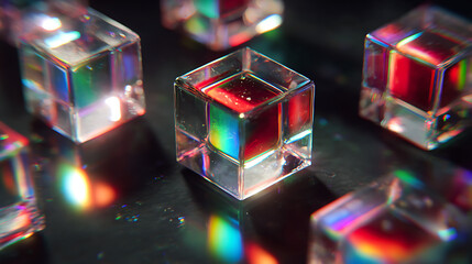 Crystalline structure of a futuristic material catching surreal neon light and casting prismatic shadows on dark surface, a futuristic visual spectacle.
