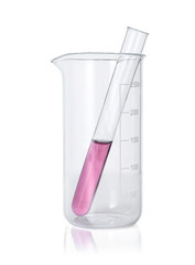 Beaker and test tube with color liquid isolated on white