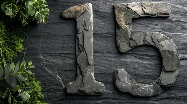 A decorative arrangement of the number 15 made from slate stones, surrounded by green foliage on a dark slate background. Ideal for milestone celebrations. - Powered by Adobe