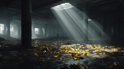 Dramatic abandoned factory interior with golden laser cutting thick metal sheets and smoke swirling in light beams, an abandoned industrial drama.