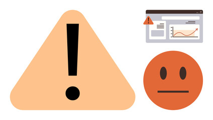 Triangle with exclamation mark, browser window displaying alert and graph, neutral face. Ideal for warning, caution, error notification, risk awareness, troubleshooting, data monitoring system