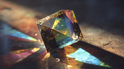 Crystalline structure of a futuristic material catching surreal neon light and casting prismatic shadows on dark surface, a futuristic visual spectacle.