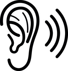 Simple outline icon of a human ear with sound waves representing hearing or listening concept
