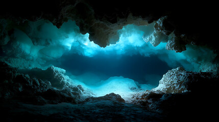 Bioluminescent underwater cave with light refracting through crystalline water and floating organic particles, a photorealistic underwater wonder.