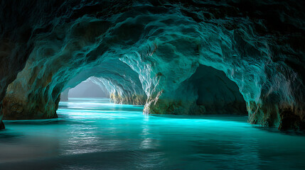 Bioluminescent underwater cave with light refracting through crystalline water and floating organic particles, a photorealistic underwater wonder.