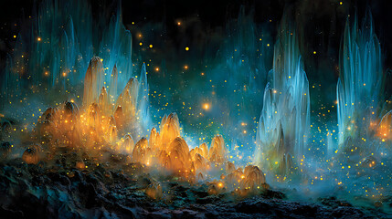 Bioluminescent underwater cave with light refracting through crystalline water and floating organic particles, a photorealistic underwater wonder.