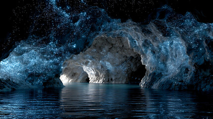 Bioluminescent underwater cave with light refracting through crystalline water and floating organic particles, a photorealistic underwater wonder.