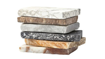 Stacked Stone Samples: A stack of diverse stone samples in a minimalist arrangement, showcasing a range of textures, colors, and patterns, perfectly suited for design inspiration.