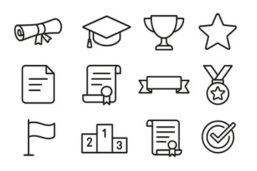 Graduation Achievement Icons. Line style icons of graduation and achievement: diploma scroll, graduation cap, trophy, gold star; A