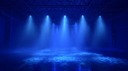 Atmospheric industrial workshop with blue laser beams piercing smoke, creating Tyndall effect, hyperdetailed scene for industrial look and feel.