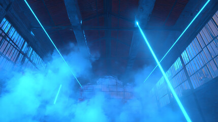 Atmospheric industrial workshop with blue laser beams piercing smoke, creating Tyndall effect, hyperdetailed scene for industrial look and feel.