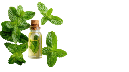 Fresh mint leaves surrounding a small bottle of oil