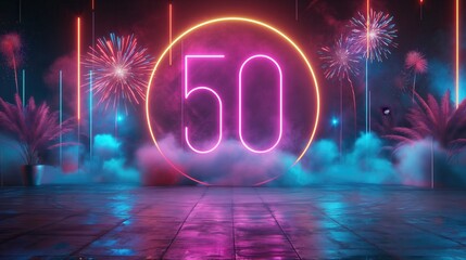 A vibrant celebration scene featuring a large neon '50' surrounded by colorful fireworks and smoke. The background includes palm trees, creating a festive atmosphere.