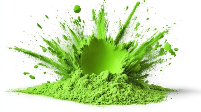 Bright green powder exploding outwards on a white background.