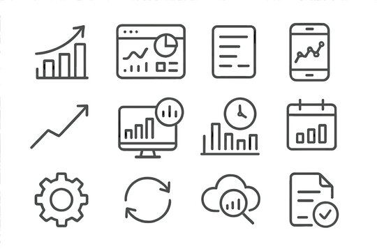 Data Analytics Icons. Line style icons of data and analytics: usage chart, data dashboard, event log, device history; trend arrow,