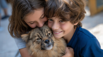 Children and adults visiting an animal rescue center to meet dogs and cats available for adoption representing community involvement responsible pet ownership animal rights fam
