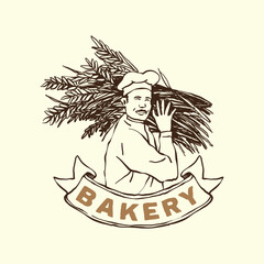 Logo illustration of experienced baker harvesting fresh quality wheat for bakery business brand bread shop and product label  with half round ribbon below hand drawn style