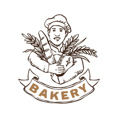 Baker hug bunch of bread and wheat stalk, love his fresh organic quality product logo illustration for bakery business shop company with half round ribbon below hand drawn style