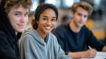 Obraz premium University students of different cultural backgrounds studying nuclear physics models in a classroom highlighting education diversity innovation and the peaceful role of