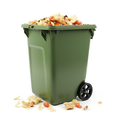 Compost bin with organic food waste and scraps on white background  