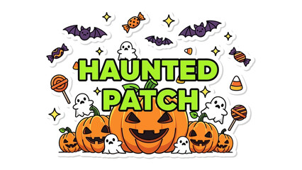 Fototapeta premium Haunted Patch: Spooky illustration showcasing Halloween spirit with ghosts, pumpkins, bats, and candy. Perfect for Halloween party.