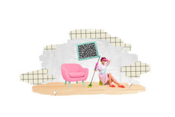 Composite photo collage of tired housewife sit bucket finish mop floor household chores clean fresh flash isolated on painted background