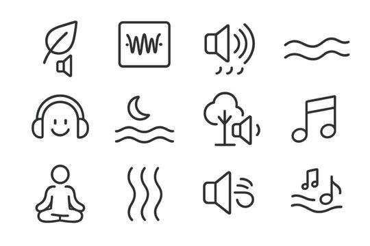 Relaxing Sound Icons. Line style icons of ambient sound and relaxation music: nature sounds, white noise icon, rain with speaker,