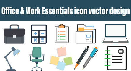 Office and work essentials icon set vector design .

A collection of flat vector icons representing common office supplies and work tools for business and productivity.