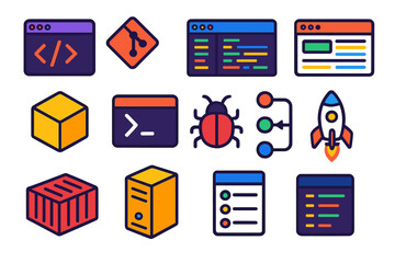 Web Development Tools. Isometric vector illustration set Web development tools: code editor window, Git repository, browser