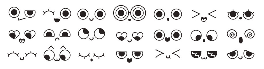 Cute kawaii face with childish doodle mouth and eyes showing emotional expressions.
