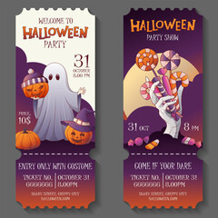 Set of Halloween party tickets with ghost, pumpkins, and candy hand. Spooky festive design for invitation, coupon, or flyer template. Vector illustration.