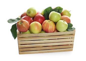 Fresh apples in wooden crate and green leaves isolated on white