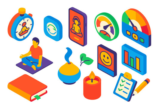 Wellness Icons Collection. Isometric vector illustration set Mindfulness and stress tracking: meditation timer, breathing exercise