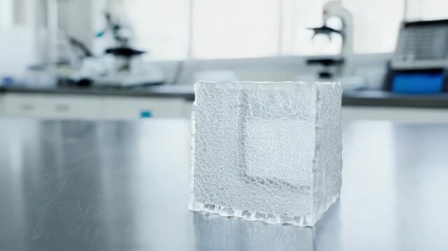 Close up of a revolutionary 3d printed cube shaped bioscaffold, a porous hydrogel structure for tissue engineering, rotating on a steel surface in a modern and sterile research laboratory
