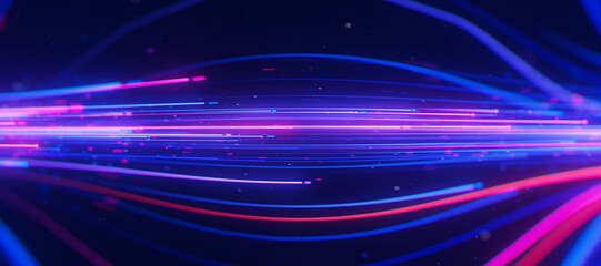 Inside Bigdata light speed data flow. Abstract digital data stream of quantum computing. Cyberspace of qubit trails. Modern tech information transmission.