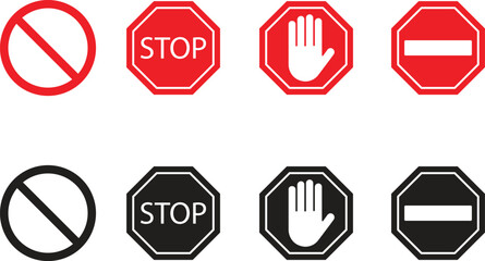 Stop and Prohibition Sign Vector Set. Danger, Halt, and No Entry Symbols


