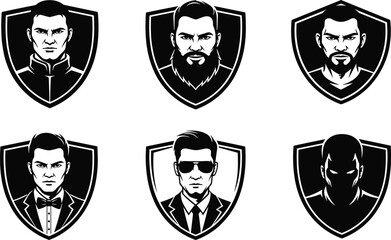 Male face logo illustration, shield emblem avatars, black and white stylized portraits, gaming identity design, team branding concept, vector artwork