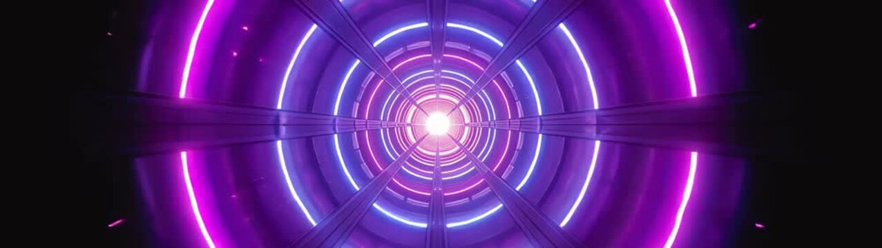 Futuristic purple and blue glowing circles forming endless tunnel.