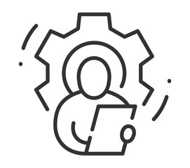 Tech support icon: person with laptop and gear outline illustration