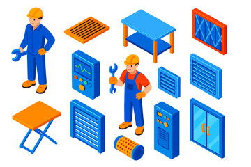 Factory Equipment Icons. Isometric vector illustration set worker, vent, table, filter, control device, and door: factory