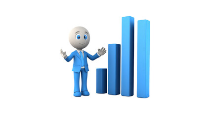 Business Growth Illustrated: A charming cartoon figure, smartly dressed in a suit, stands beside a set of rising bar graphs, representing the concept of upward business growth.