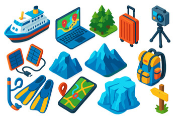 Adventure Travel Icons. Isometric vector illustration set travel, technology, and nature themes: ferry boat, laptop with location