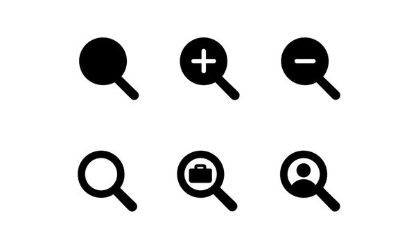 Search icon set featuring magnifying glass with add, subtract, profile, and business variations
