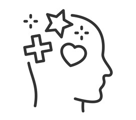Outline of human head with heart, star, and cross symbols representing mindfulness and positivity