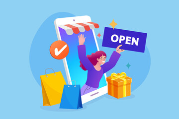 A female entrepreneur starts her e-commerce business. A store owner is ready for customers after launching her shop on a mobile platform. Metaphor for starting a successful online venture.