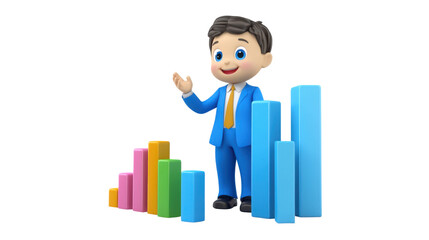 Business Illustration: A dynamic illustration features a professional figure standing near colorful bar graphs, showcasing growth and data analysis. Representing prosperity and presenting insights.