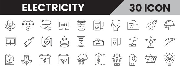Electricity Icon Set, Line Style Electrical Tools and Energy Symbols, Power and Energy Vector Icons Pack. Editable Stroke